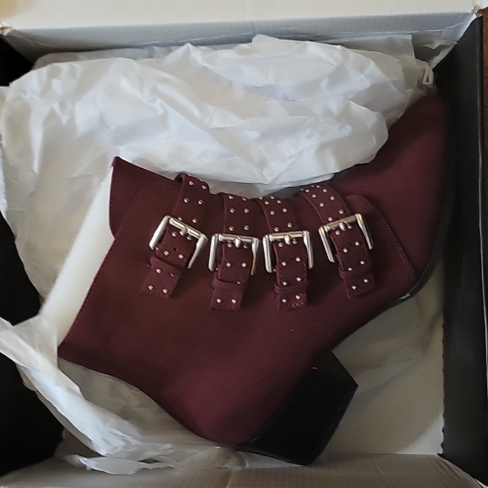 Burgandy Low boots with decorative silver buckles from Lane Bryant